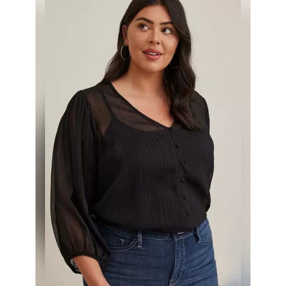 Torrid 1 Chiffon Lurex Black Button-Up Sheer Blouse CY-3858